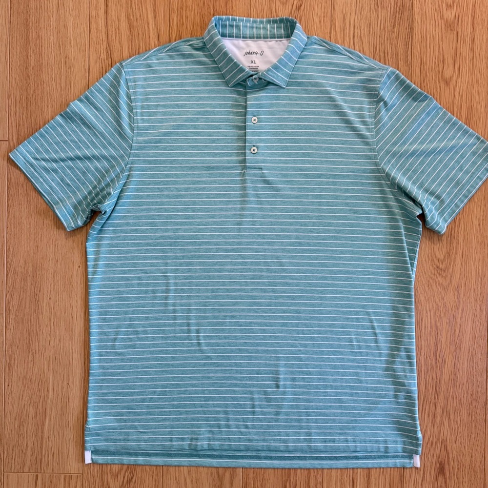 Johnnie-O Polo Shirt Mens XL Teal White Striped Performance UPF 50 Short Sleeve
